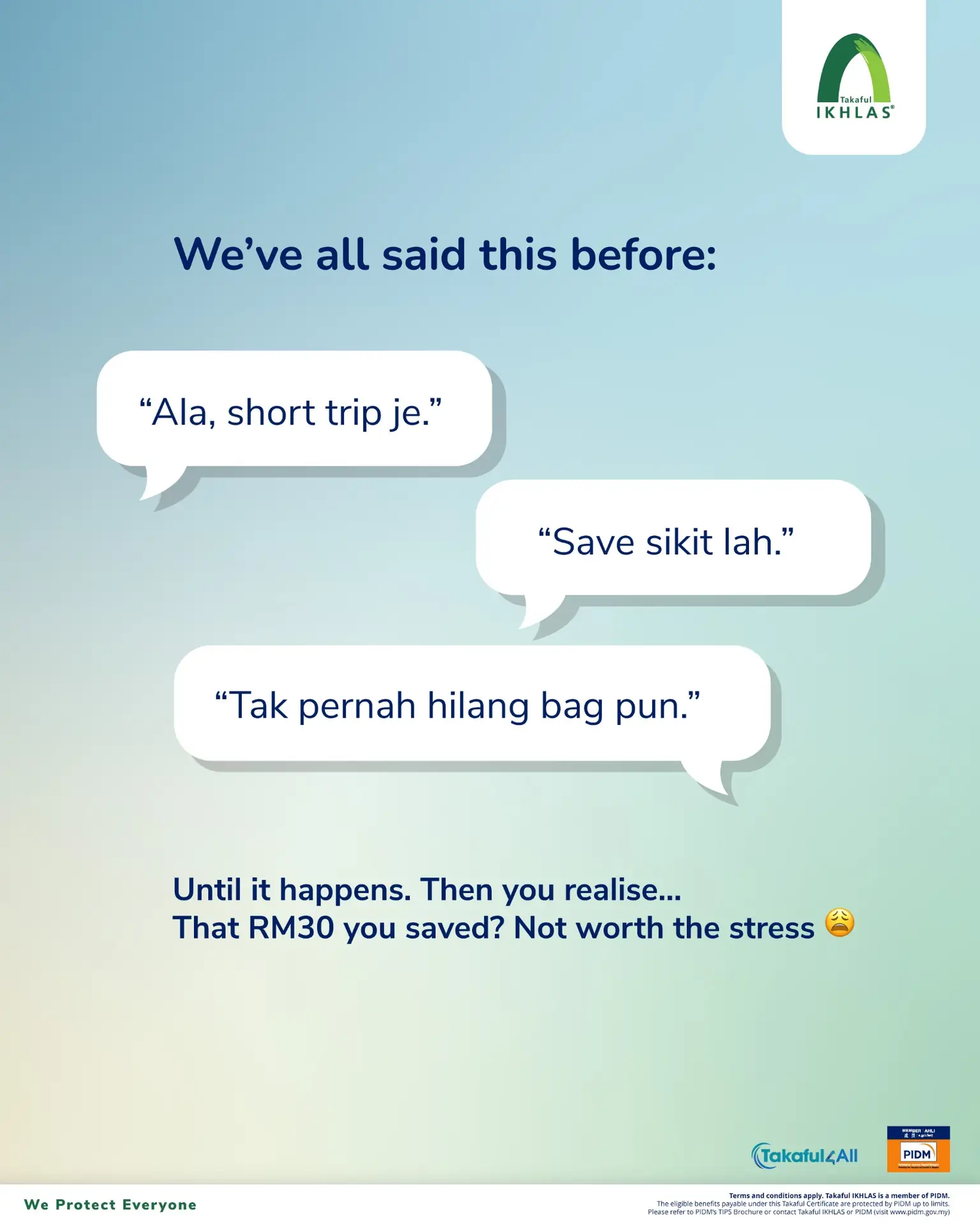 Takaful IKHLAS Carousel takaful and insurance ad: Problem-solution ad for travel takaful before your flight gets cancelled, frame 5 of 6