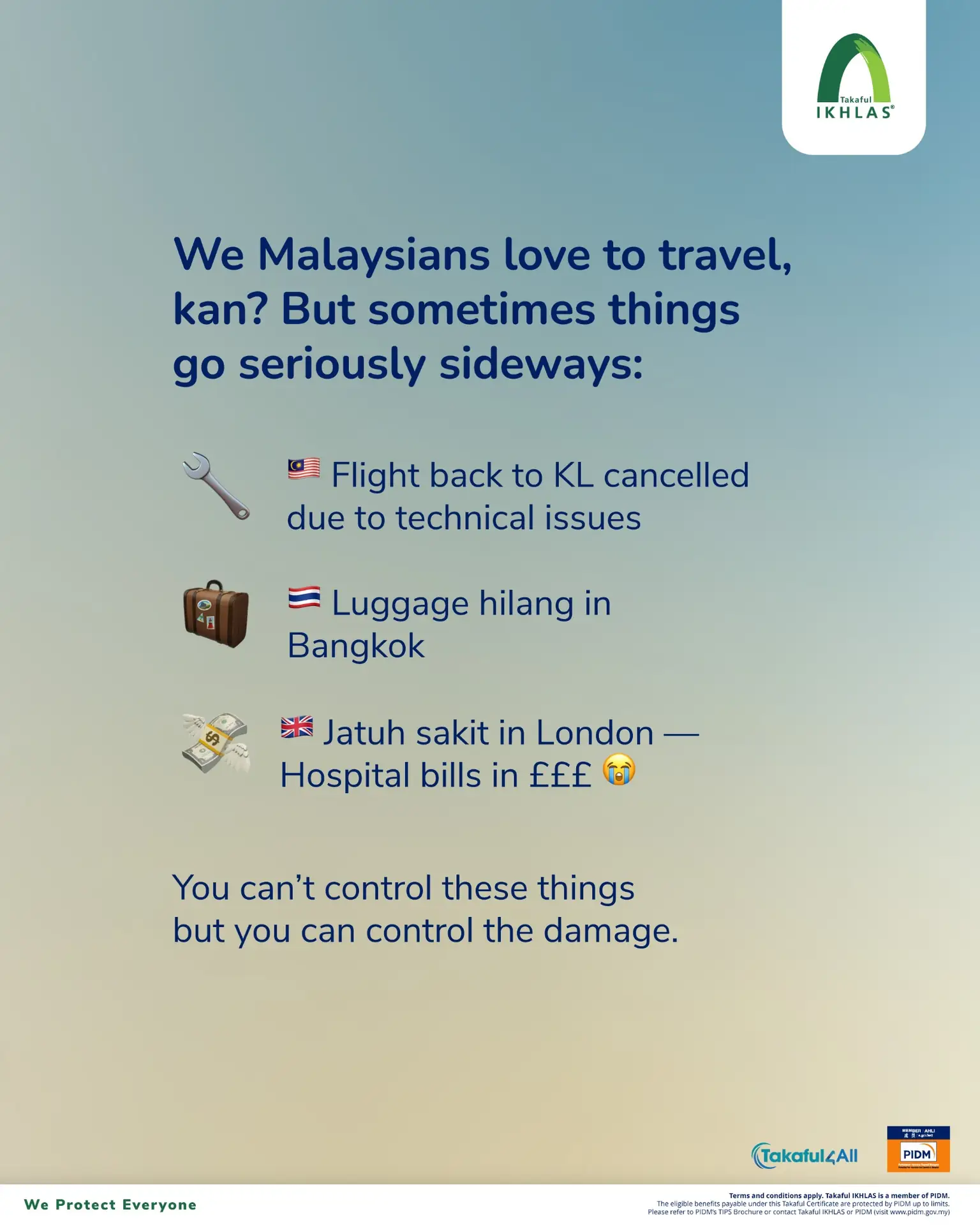 Takaful IKHLAS Carousel takaful and insurance ad: Problem-solution ad for travel takaful before your flight gets cancelled, frame 4 of 6