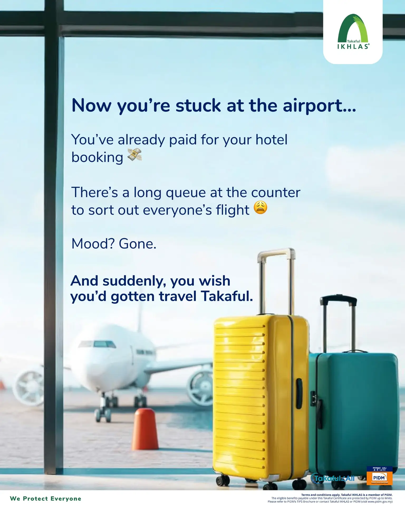 Takaful IKHLAS Carousel takaful and insurance ad: Problem-solution ad for travel takaful before your flight gets cancelled, frame 3 of 6