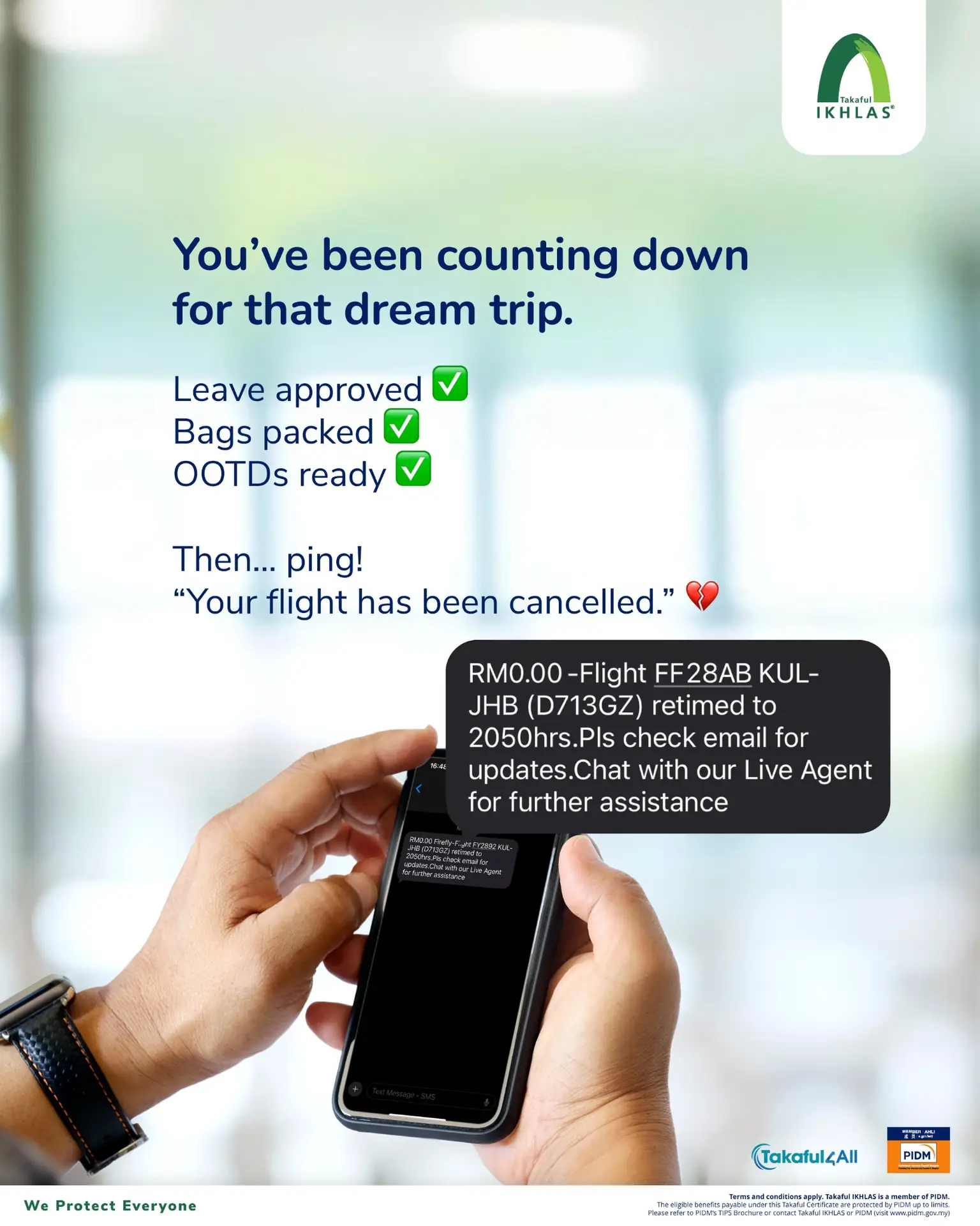 Takaful IKHLAS Carousel takaful and insurance ad: Problem-solution ad for travel takaful before your flight gets cancelled, frame 2 of 6