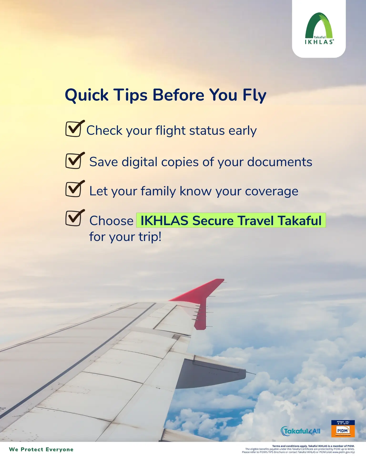 Takaful IKHLAS Carousel takaful and insurance ad: Problem-solution ad for travel takaful before your flight gets cancelled, frame 6 of 6