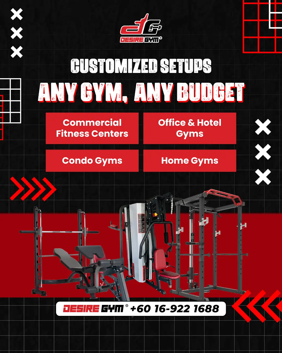 Desire Gym Malaysia Carousel fitness ad: Feature-callout ad for custom gym setups for any space and budget, frame 1 of 2