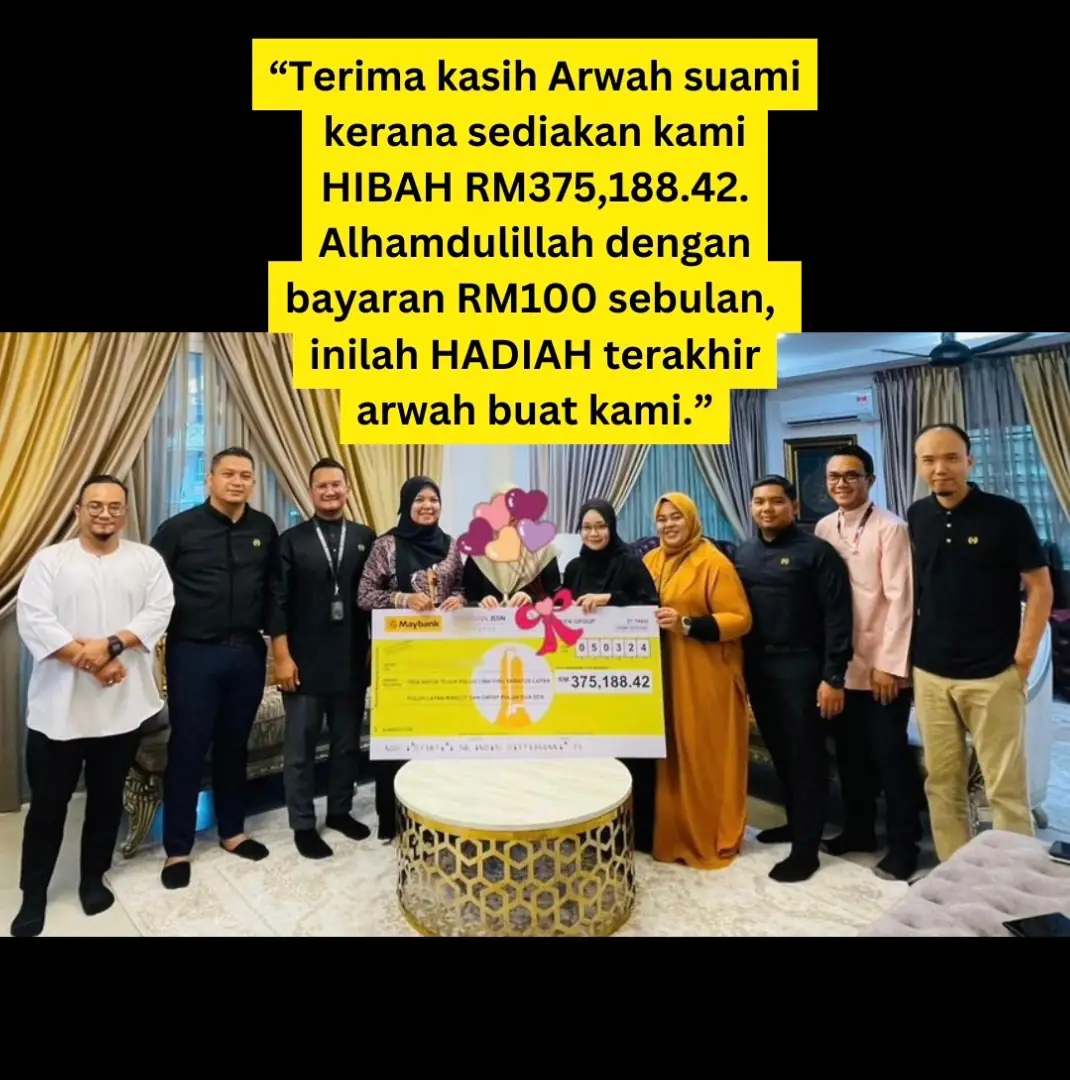 Alliff Akmal Static takaful and insurance ad: Social-proof ad for a real RM375,188 hibah cheque paid to a widow