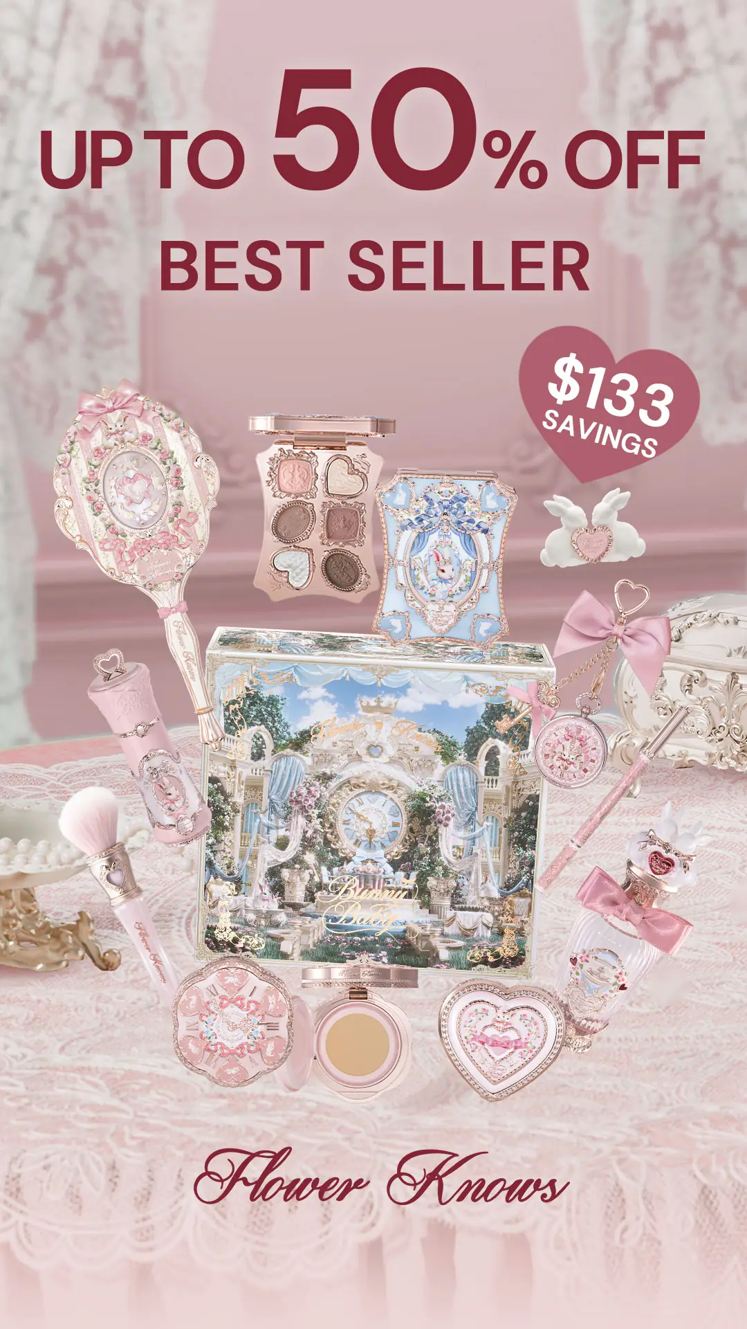 Flower Knows Cosmetics Static makeup and cosmetics ad: Discount ad: up to 50% off the best-selling Flower Knows makeup spread