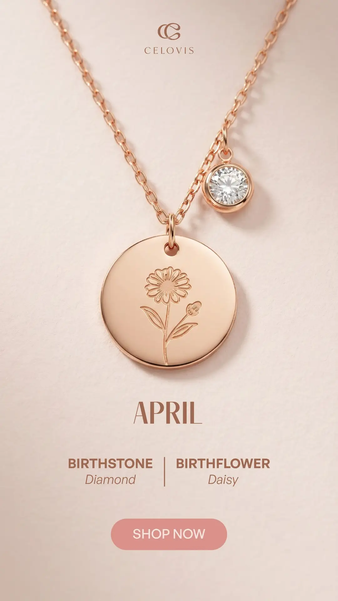 Celovis Dynamic jewellery and watches ad: Feature-callout ad for the April birthstone diamond and daisy necklace
