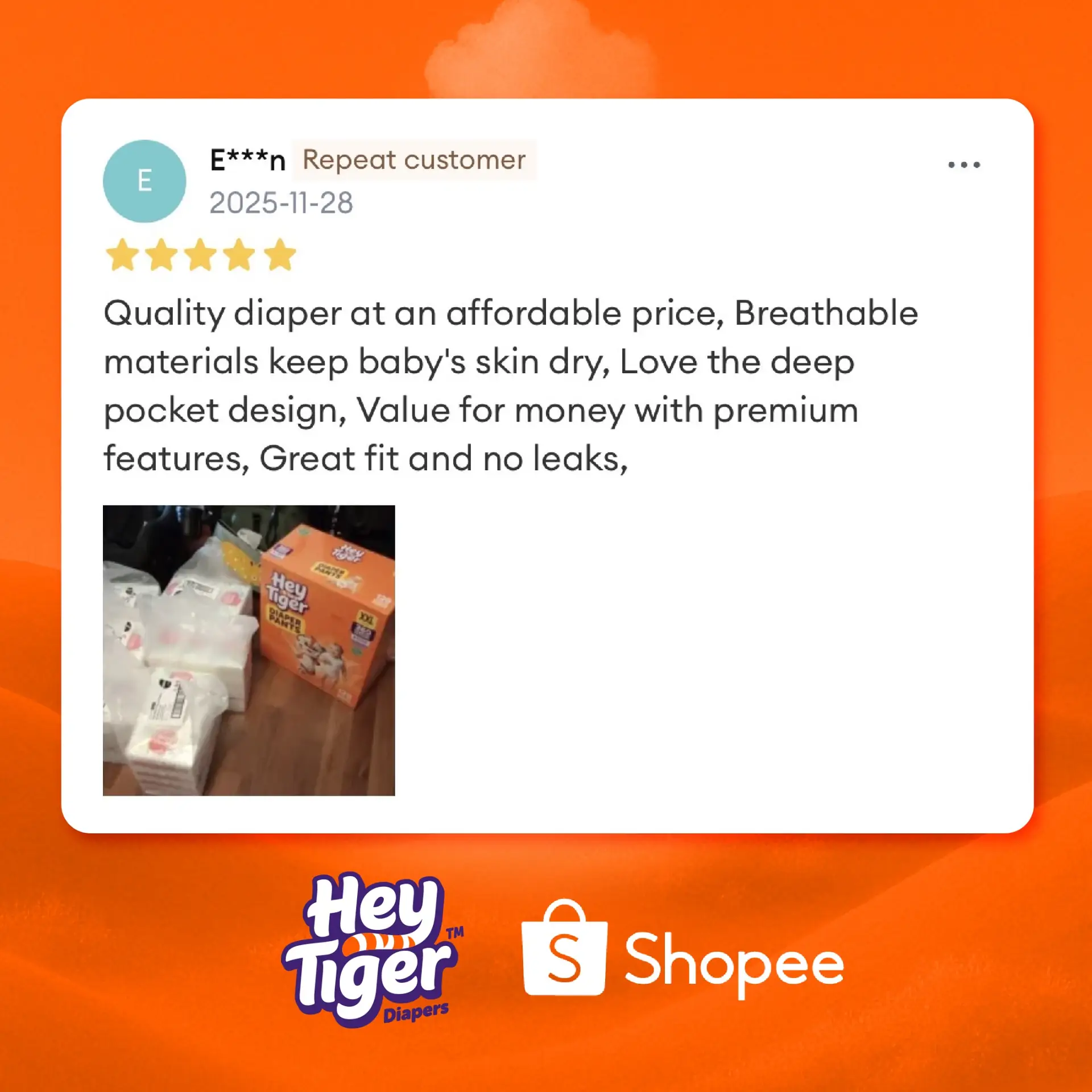 Hey Tiger Malaysia Static baby care ad: Testimonial ad for a five-star repeat customer praising affordable, leak-free diapers