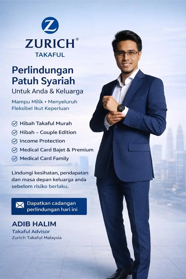 Zurich Takaful Consultant Dynamic takaful and insurance ad: Feature-callout ad for Shariah-compliant hibah, income, and medical card cover