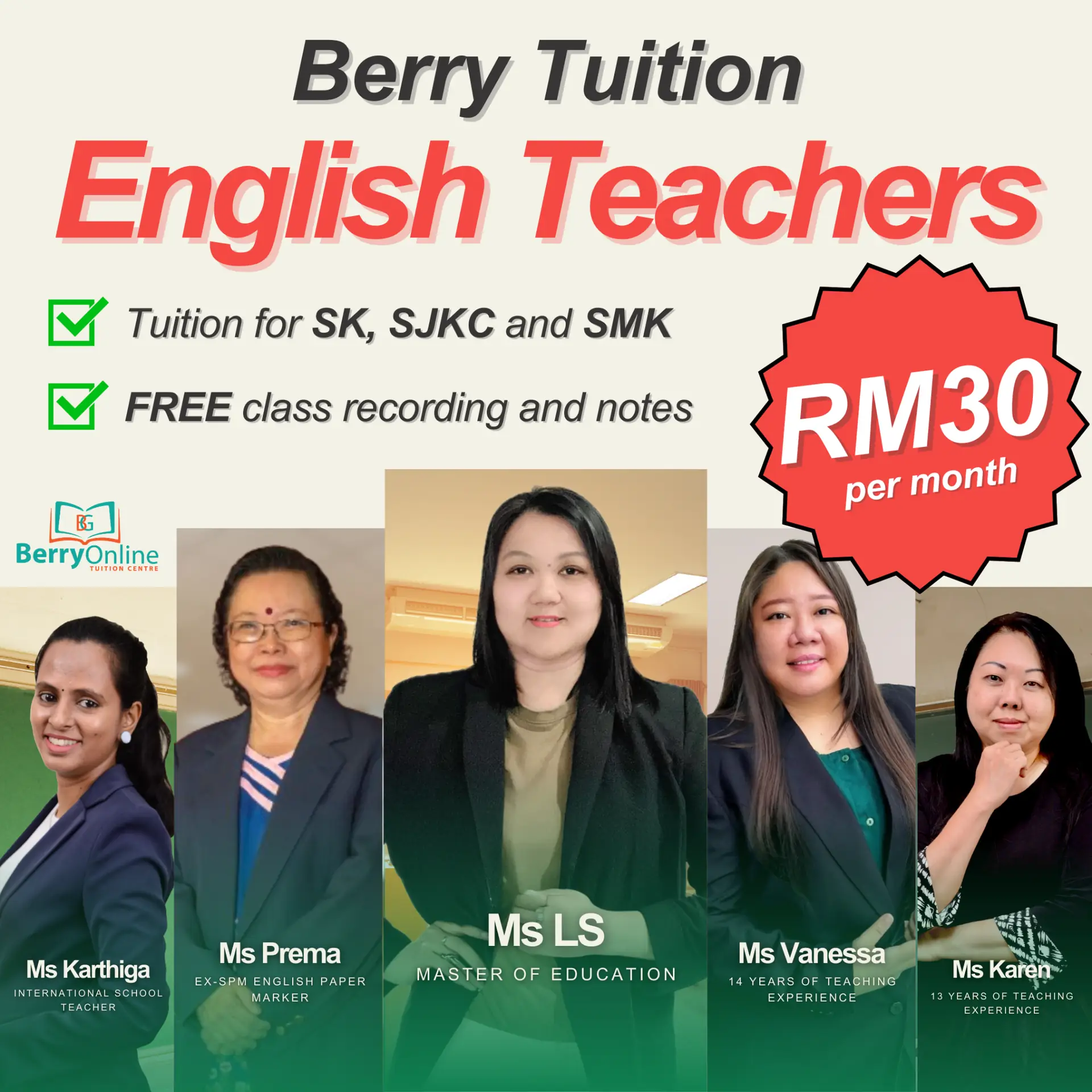 Berry Online Tuition Class Static education ad: Social-proof ad for credentialed English teachers at RM30 a month