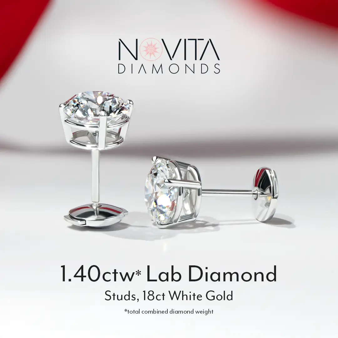 Novita Diamonds Dynamic jewellery and watches ad: Feature-callout ad for 1.40ctw lab diamond studs in 18ct white gold