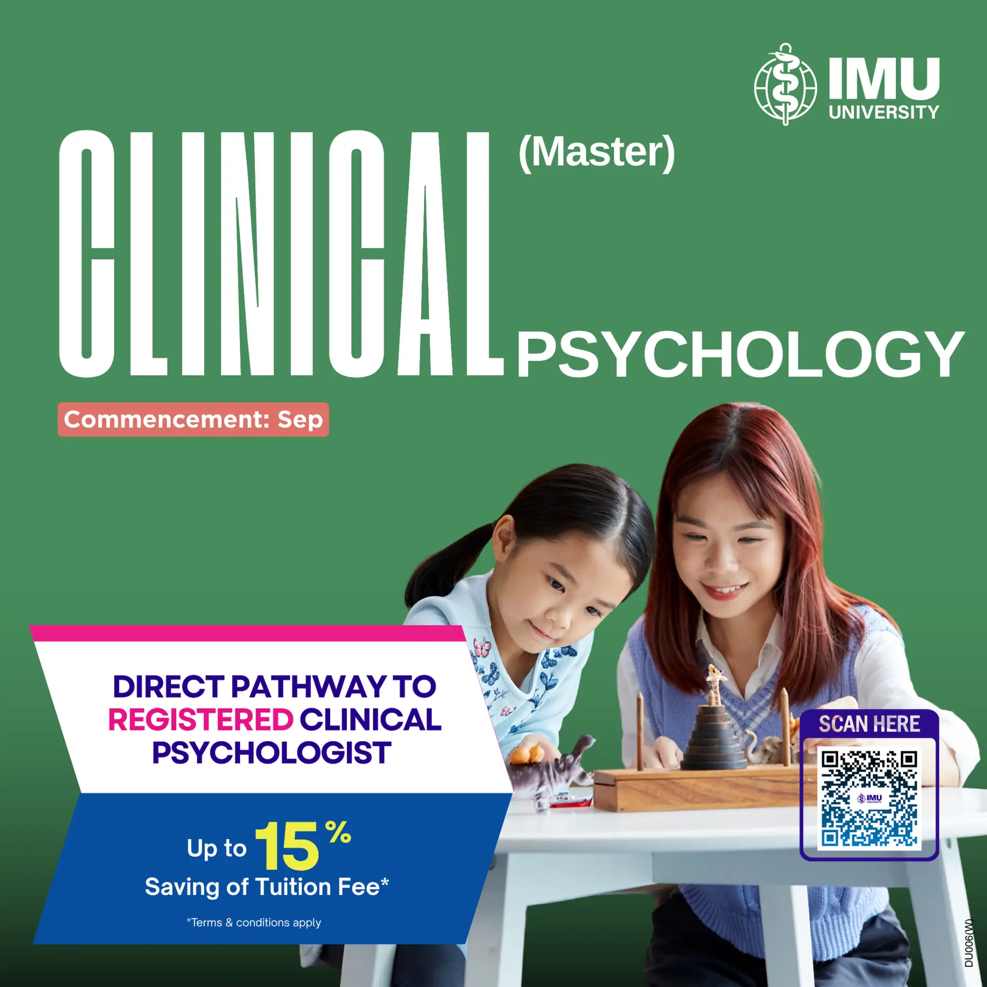IMU University Static education ad: Feature-callout ad for a Master’s direct pathway to registered clinical psychologist