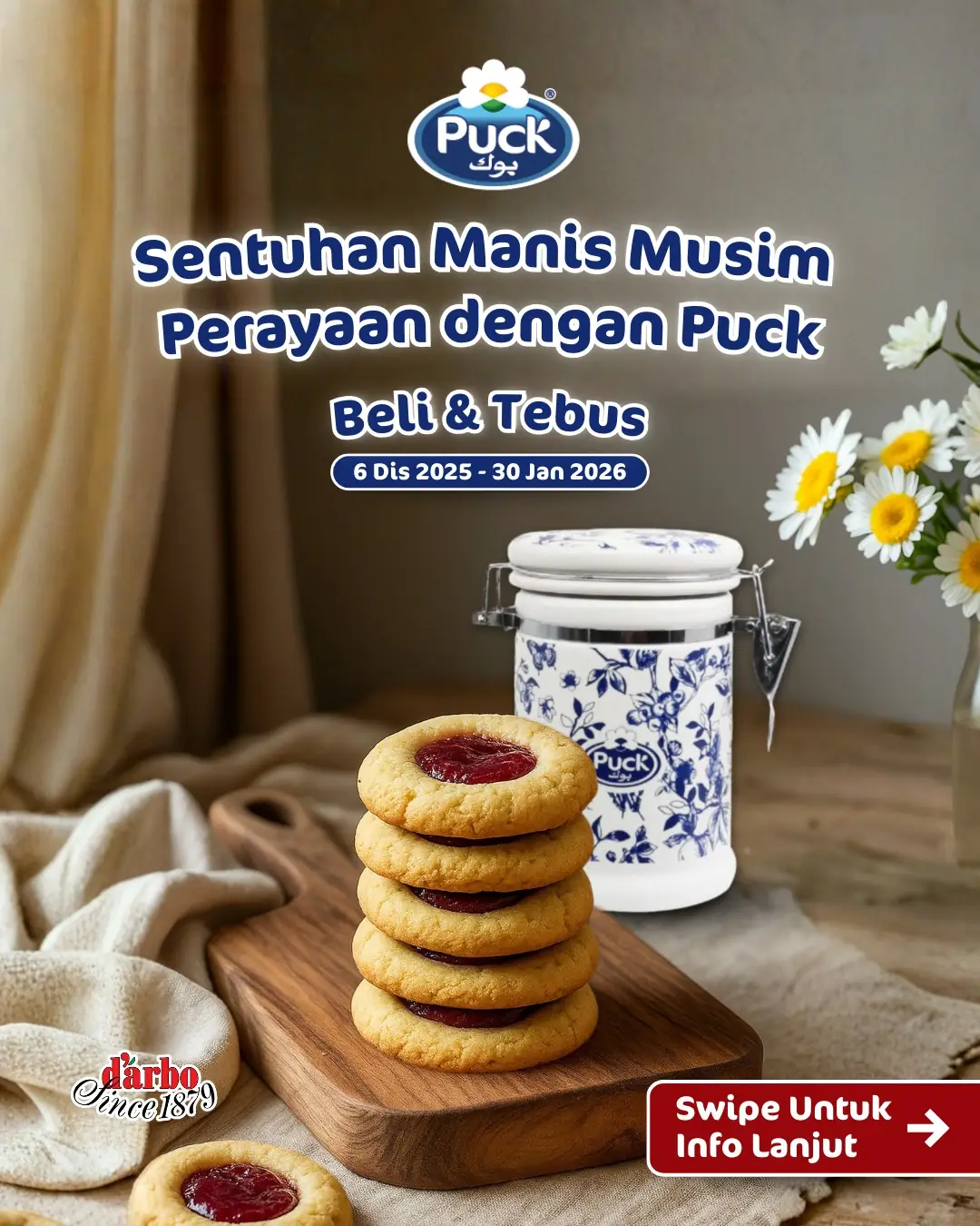 Puck Malaysia Carousel food and beverage ad: Discount ad: spend RM20 on Puck, redeem a festive cookie canister, frame 1 of 4