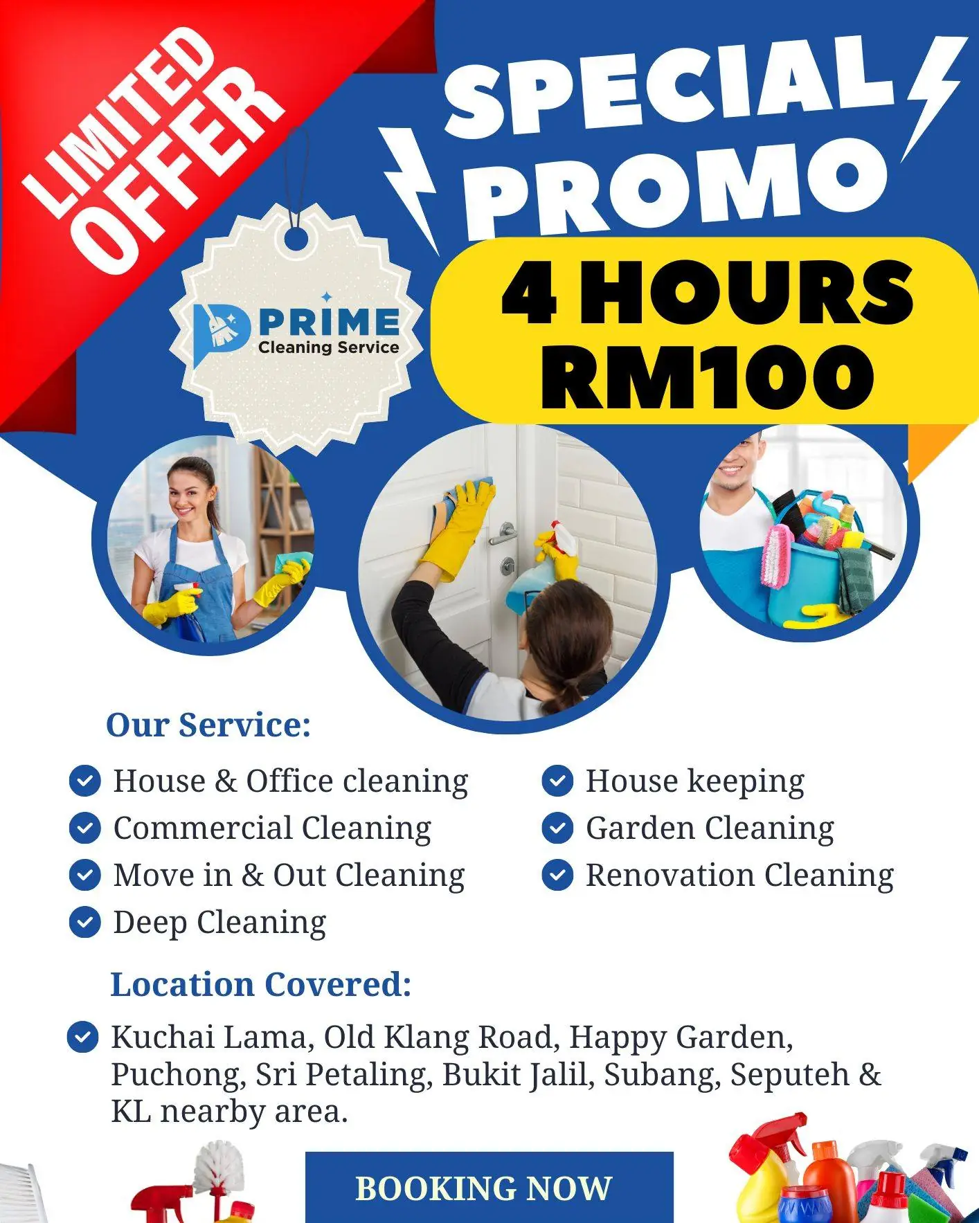 Prime Cleaning Service Static home services ad: Showcase ad for special promo 4 hours rm100