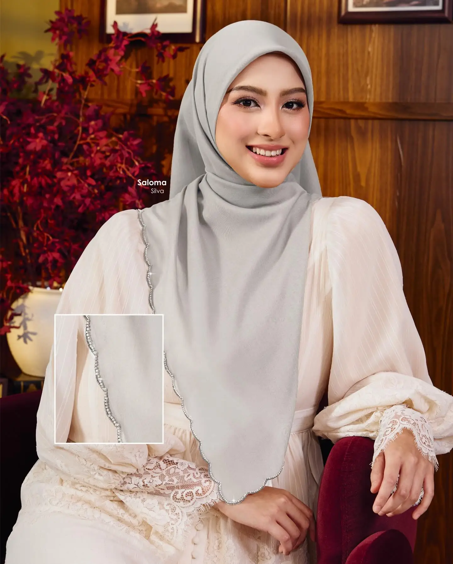 Tudung Ruffle Carousel muslimah fashion ad: Showcase ad for four lace tudung picked for your Raya outfit, frame 3 of 5