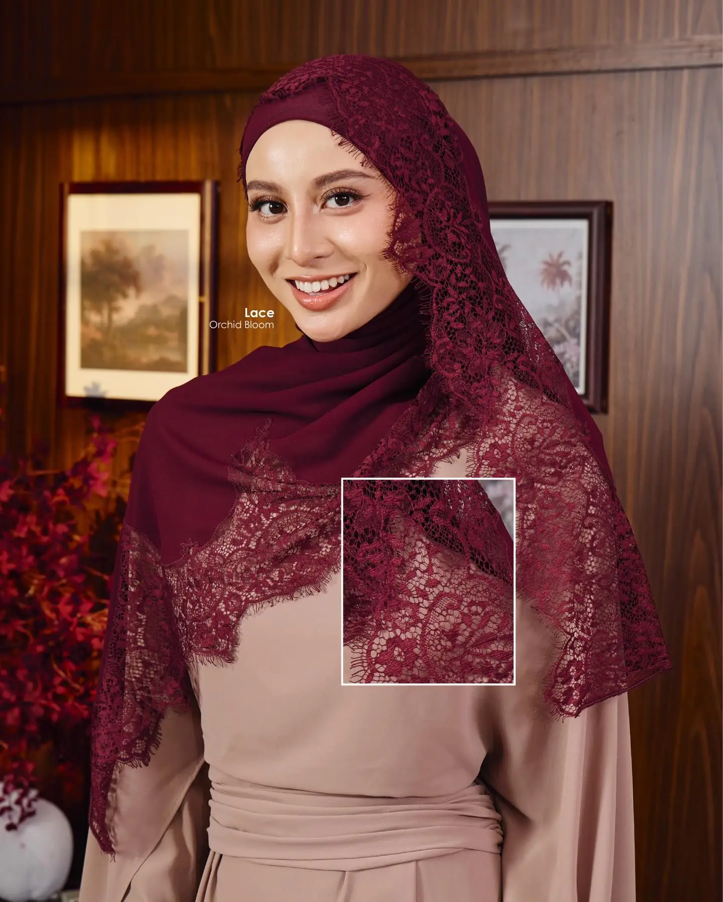 Tudung Ruffle Carousel muslimah fashion ad: Showcase ad for four lace tudung picked for your Raya outfit, frame 2 of 5