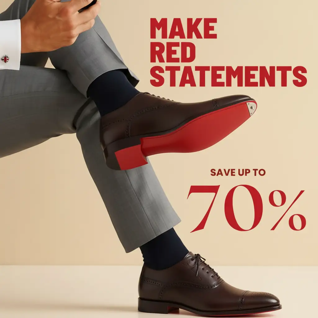 Velthentic Clothing Static fashion ad: Discount ad: red-soled leather brogues, save up to 70%