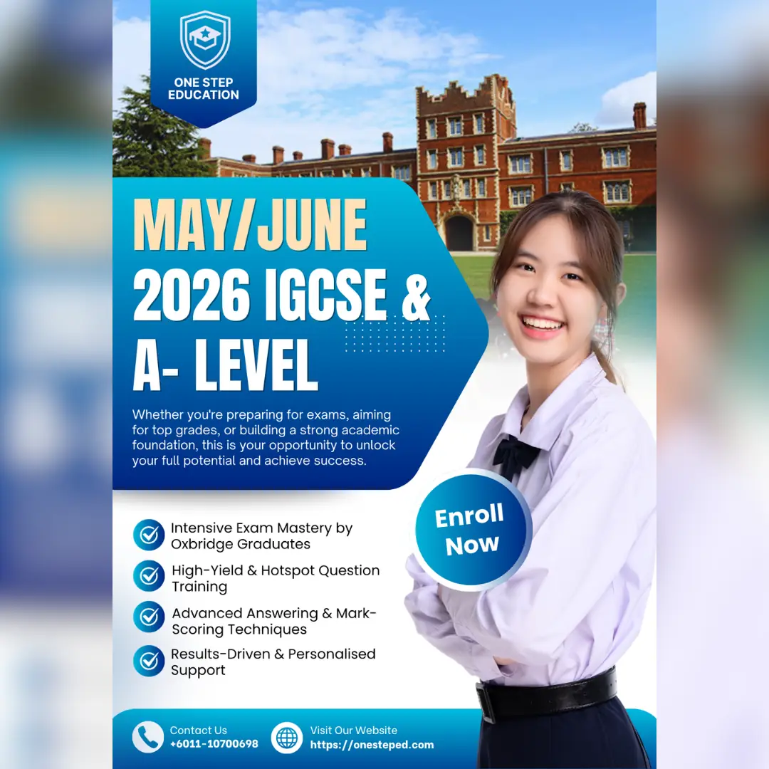 One Step Tuition Dynamic education ad: Feature-callout ad for May/June 2026 IGCSE and A-Level exam mastery