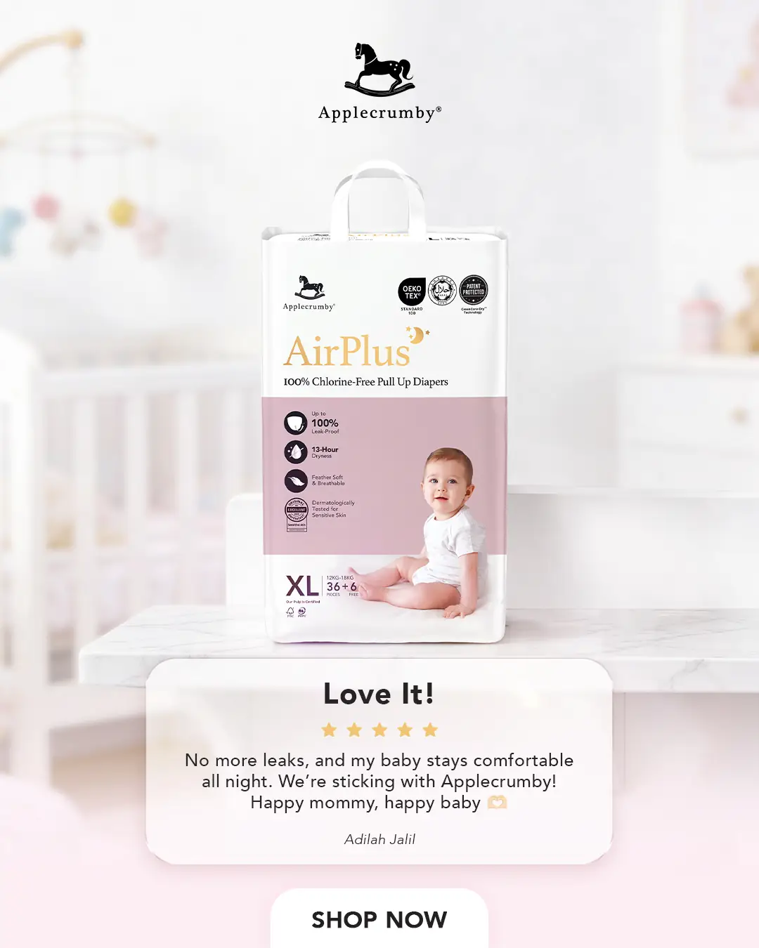 Applecrumby Dynamic baby care ad: Testimonial ad for a mum whose baby stays leak-free and comfy all night