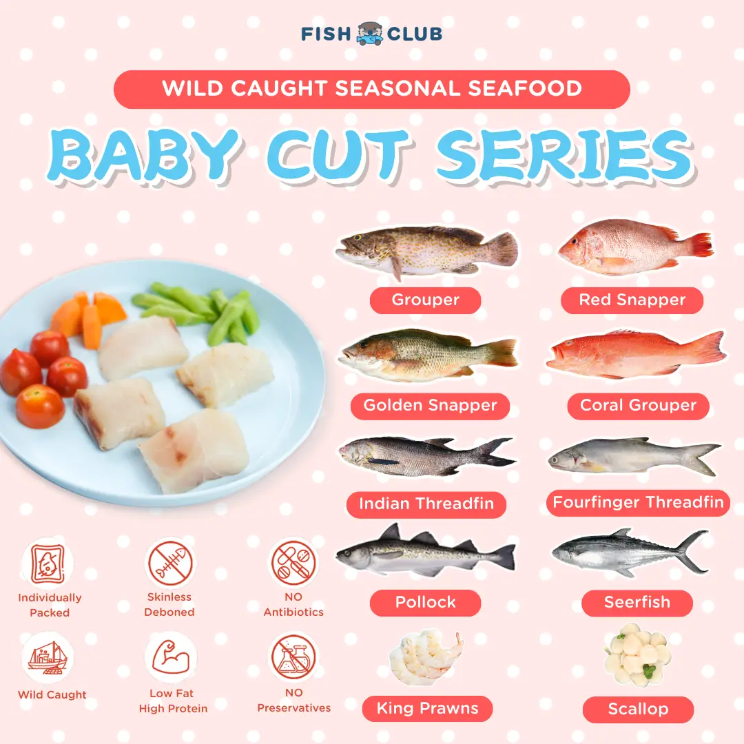 Fish Club Carousel baby care ad: Feature-callout ad for a baby-cut fish range, deboned and preservative-free, frame 1 of 2