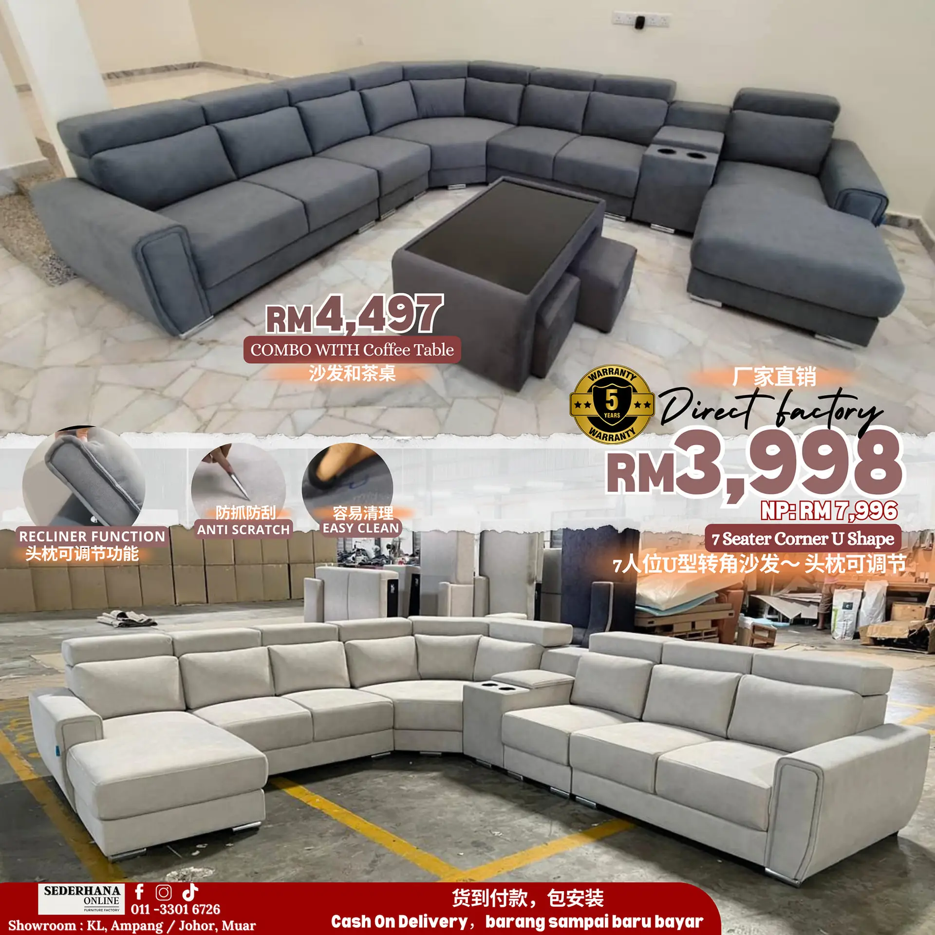Sederhana Online Static home and living ad: Discount ad: 7-seater U-shape sofa direct from factory at RM3,998