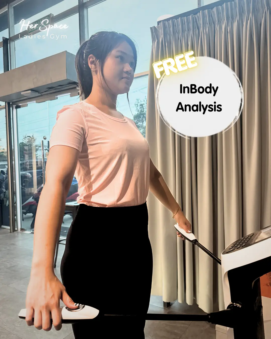 HerSpace Carousel fitness ad: Offer ad: free PT for beginners at a girls-only JB gym, frame 3 of 4