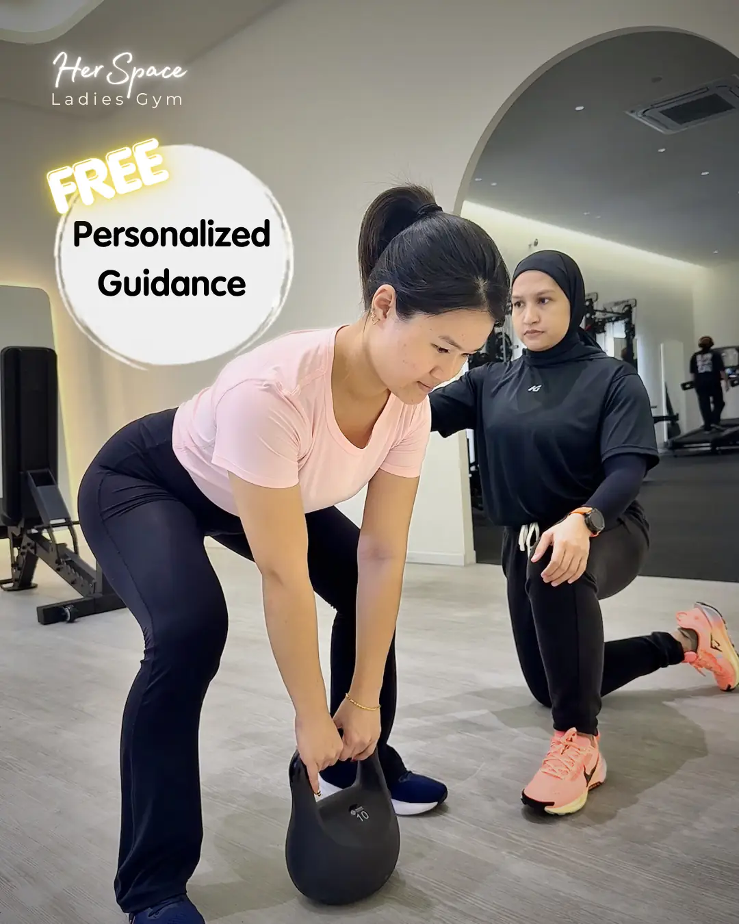 HerSpace Carousel fitness ad: Offer ad: free PT for beginners at a girls-only JB gym, frame 2 of 4
