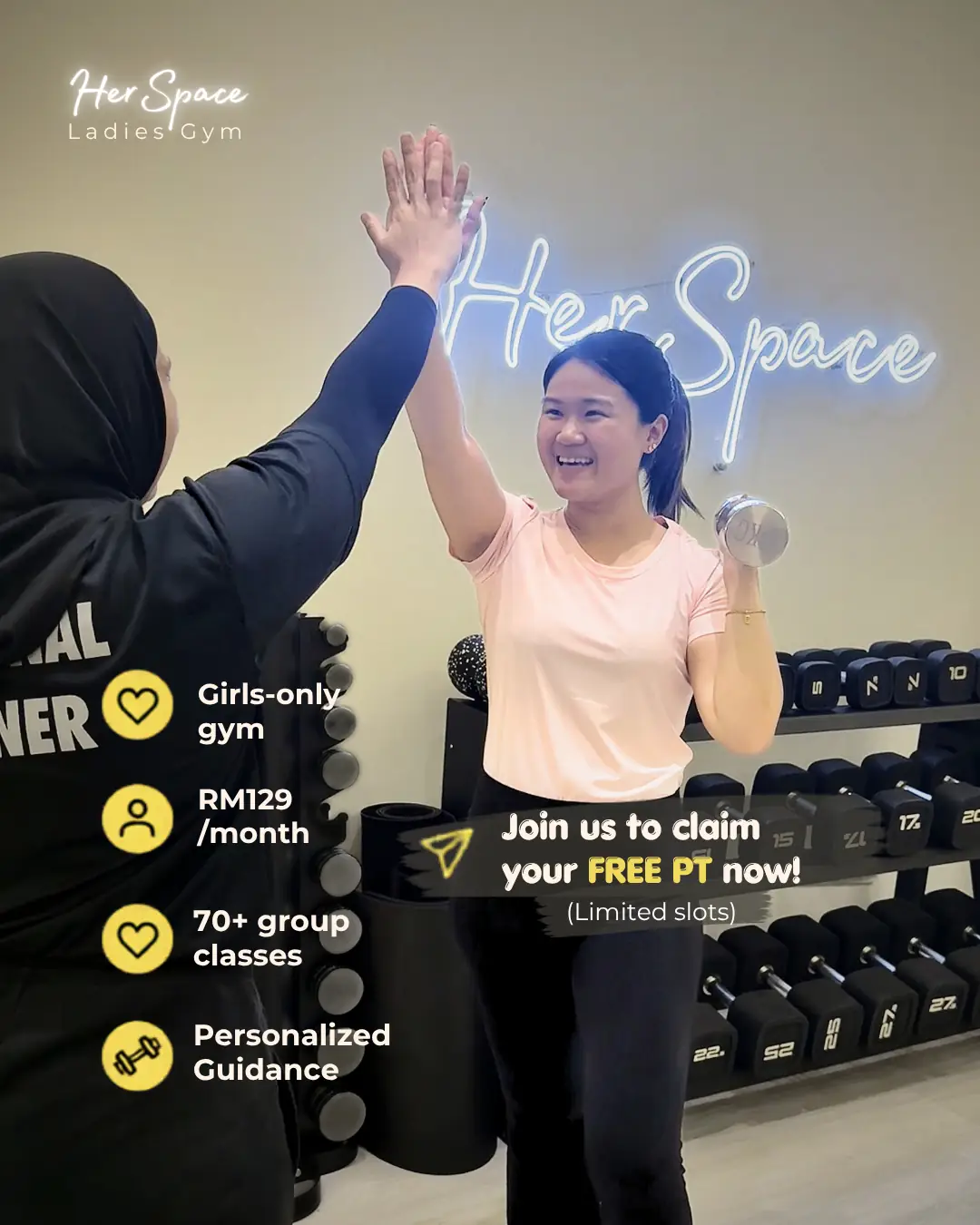 HerSpace Carousel fitness ad: Offer ad: free PT for beginners at a girls-only JB gym, frame 4 of 4