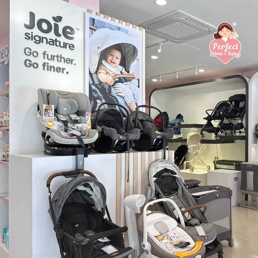Perfect mom N baby Carousel baby care ad: Showcase ad for a store wall stacked with car seats from every brand, frame 4 of 6