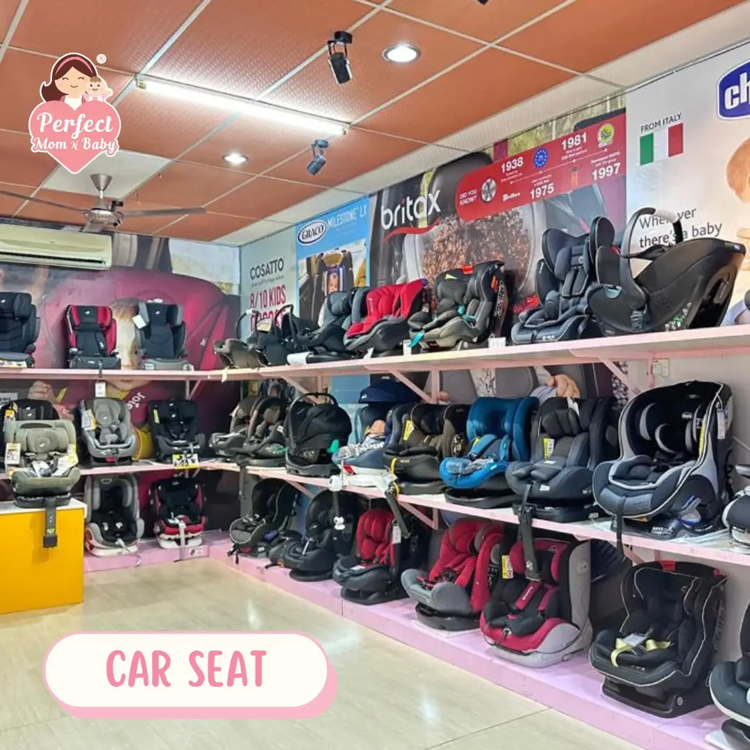 Perfect mom N baby Carousel baby care ad: Showcase ad for a store wall stacked with car seats from every brand, frame 1 of 6