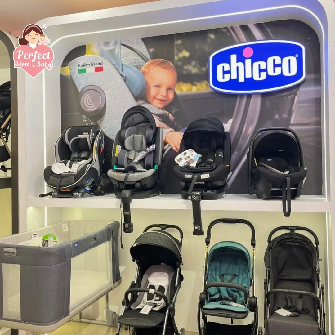 Perfect mom N baby Carousel baby care ad: Showcase ad for a store wall stacked with car seats from every brand, frame 5 of 6