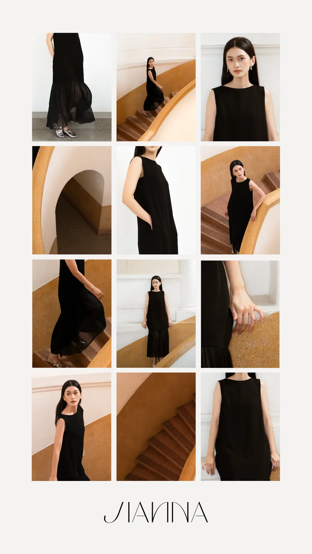 Jianna Studio Static fashion ad: Showcase ad for an editorial lookbook of the black maxi dress