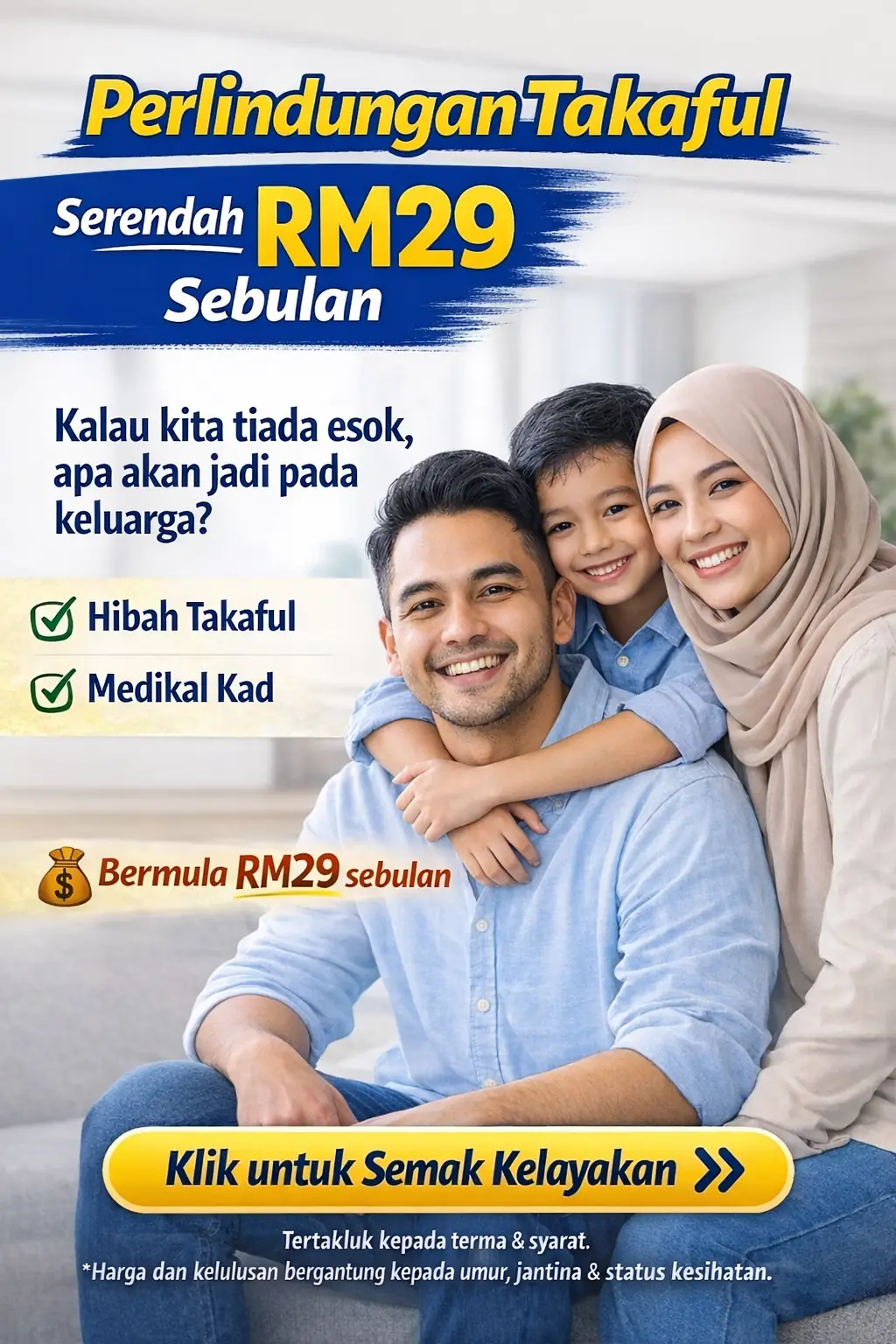 HIbah Takaful Static takaful and insurance ad: Lifestyle ad for family takaful and hibah protection from RM29 a month