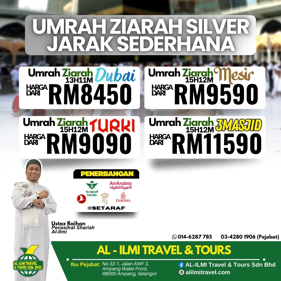 Al-ILMI Travel & Tours Sdn Bhd Static travel and tourism ad: Discount ad for four Umrah Ziarah package tiers from RM8450
