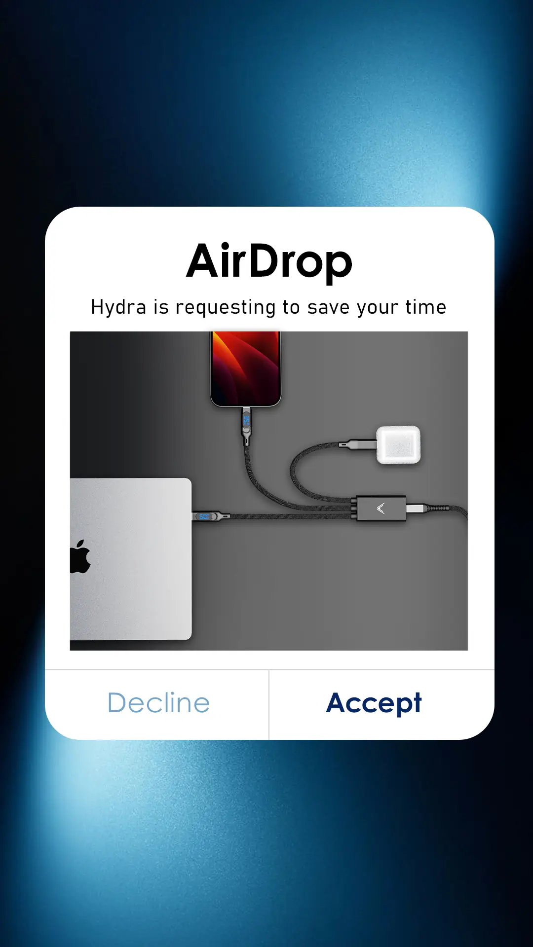 Futurizta Malaysia: Futuristic Travel Gadget Dynamic electronics ad: Curiosity-hook ad: fake AirDrop pop-up reveals the triple Type-C cable