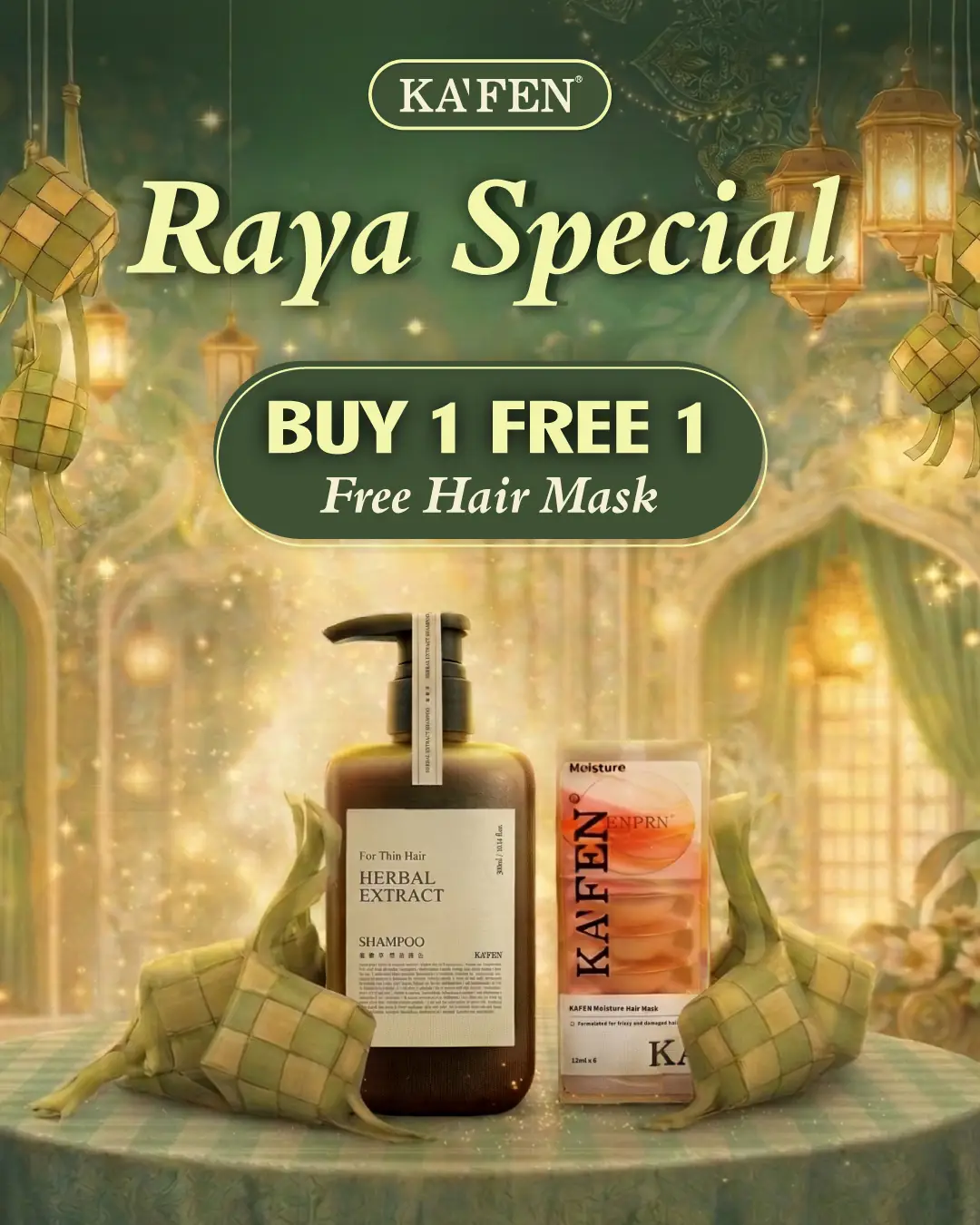 Kafen Malaysia Carousel hair care ad: Discount ad: buy one free one this Raya, with a free hair mask, frame 1 of 4