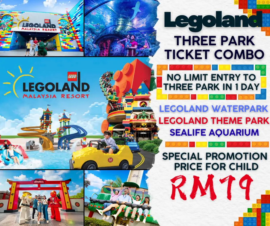 Ticket.my Carousel travel and tourism ad: Discount ad: Legoland Malaysia three-park combo from RM19 per child, frame 1 of 4