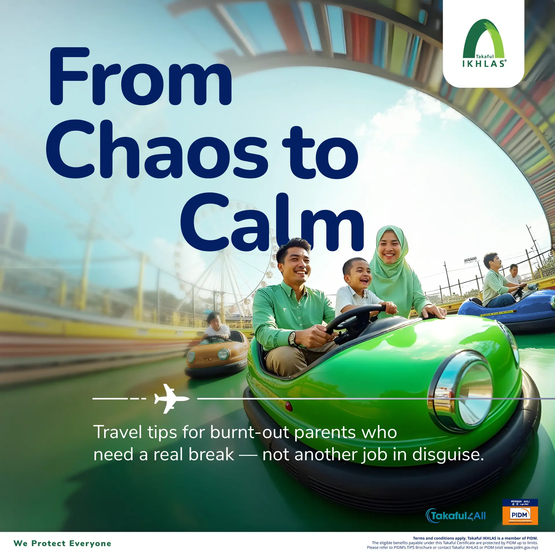 Takaful IKHLAS Carousel takaful and insurance ad: Lifestyle ad for stress-free family travel covered by takaful, frame 1 of 5