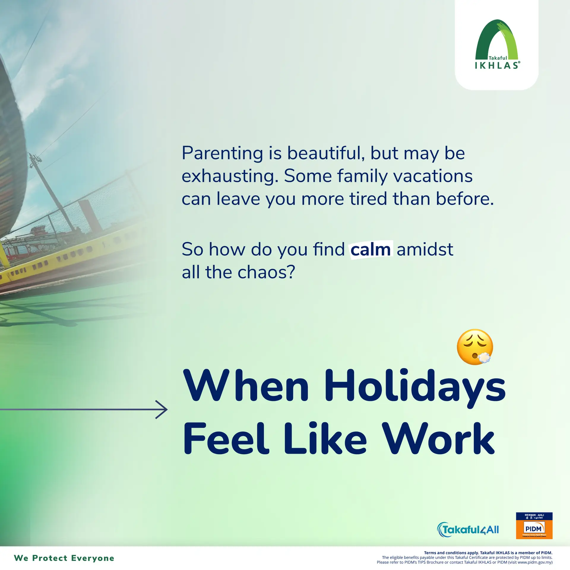 Takaful IKHLAS Carousel takaful and insurance ad: Lifestyle ad for stress-free family travel covered by takaful, frame 2 of 5