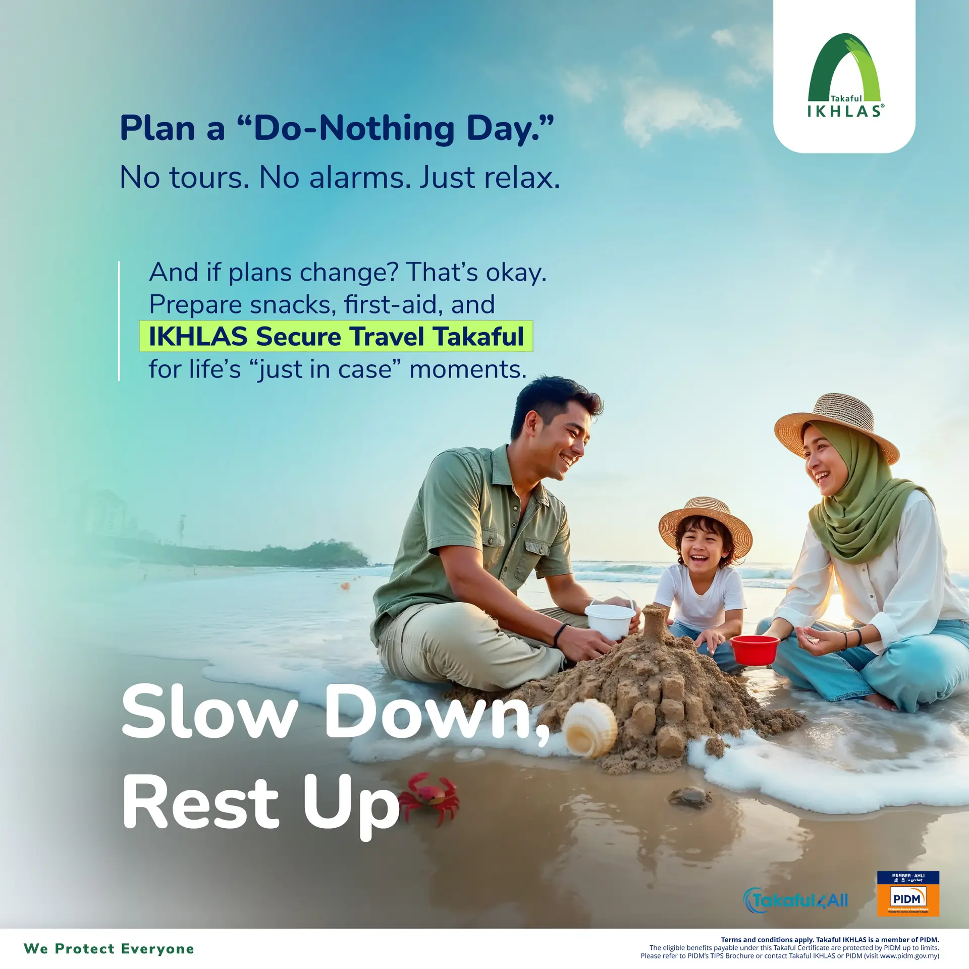Takaful IKHLAS Carousel takaful and insurance ad: Lifestyle ad for stress-free family travel covered by takaful, frame 4 of 5