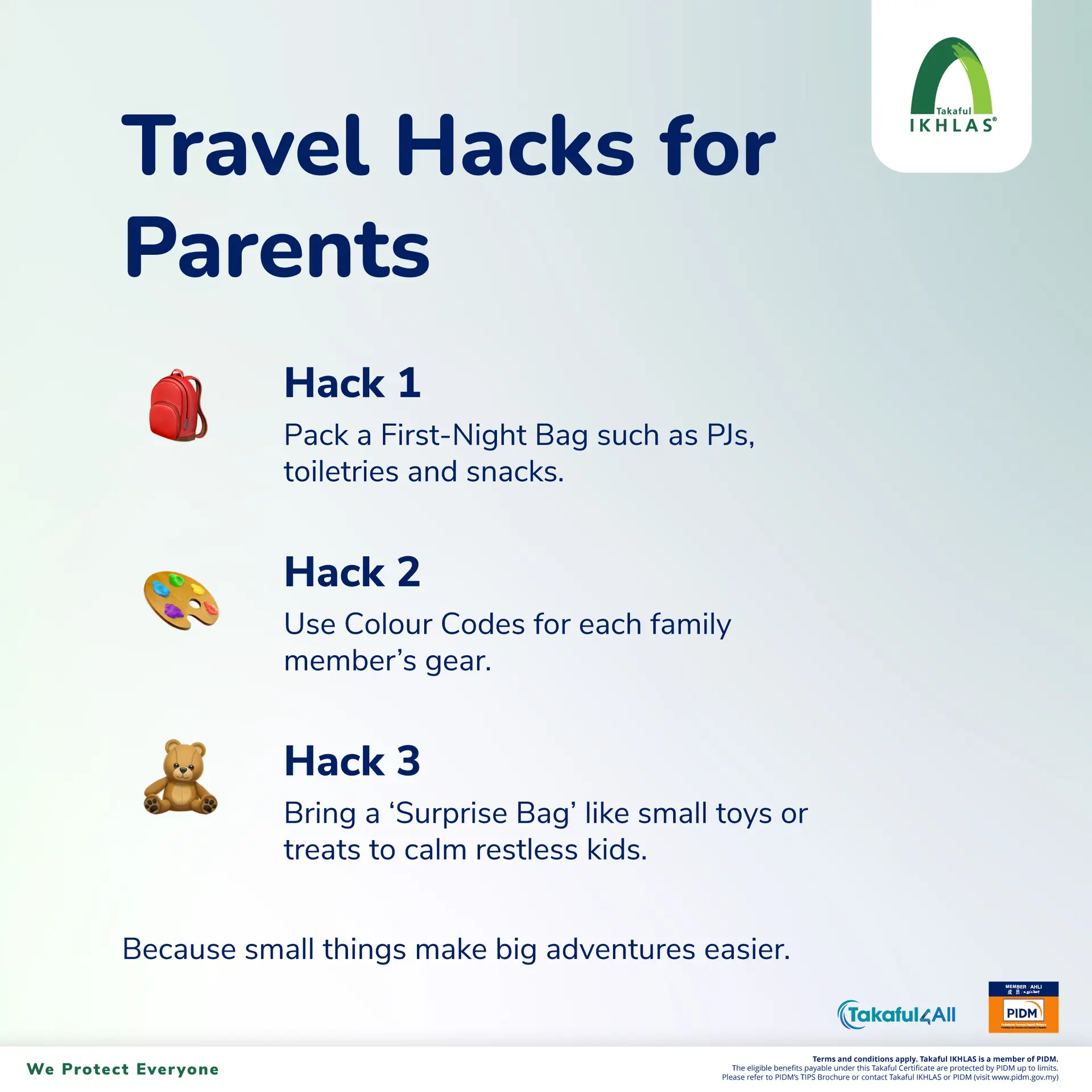 Takaful IKHLAS Carousel takaful and insurance ad: Lifestyle ad for stress-free family travel covered by takaful, frame 3 of 5