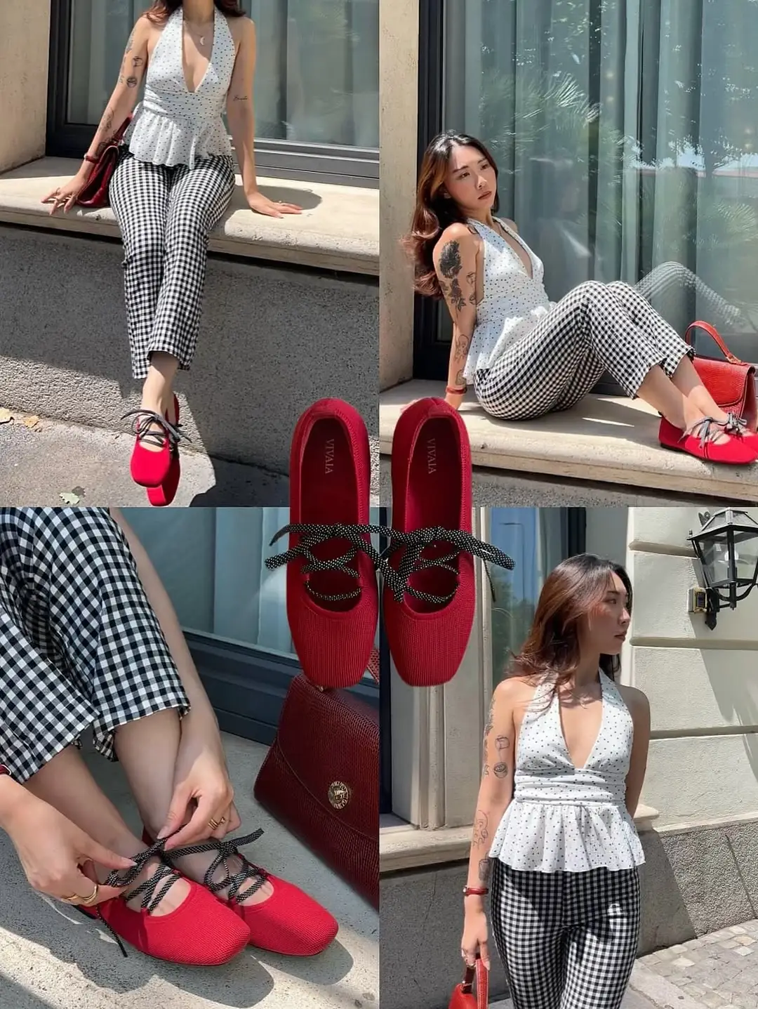 V-love Carousel fashion ad: Feature-callout ad for red flats with three swappable laces, frame 4 of 5