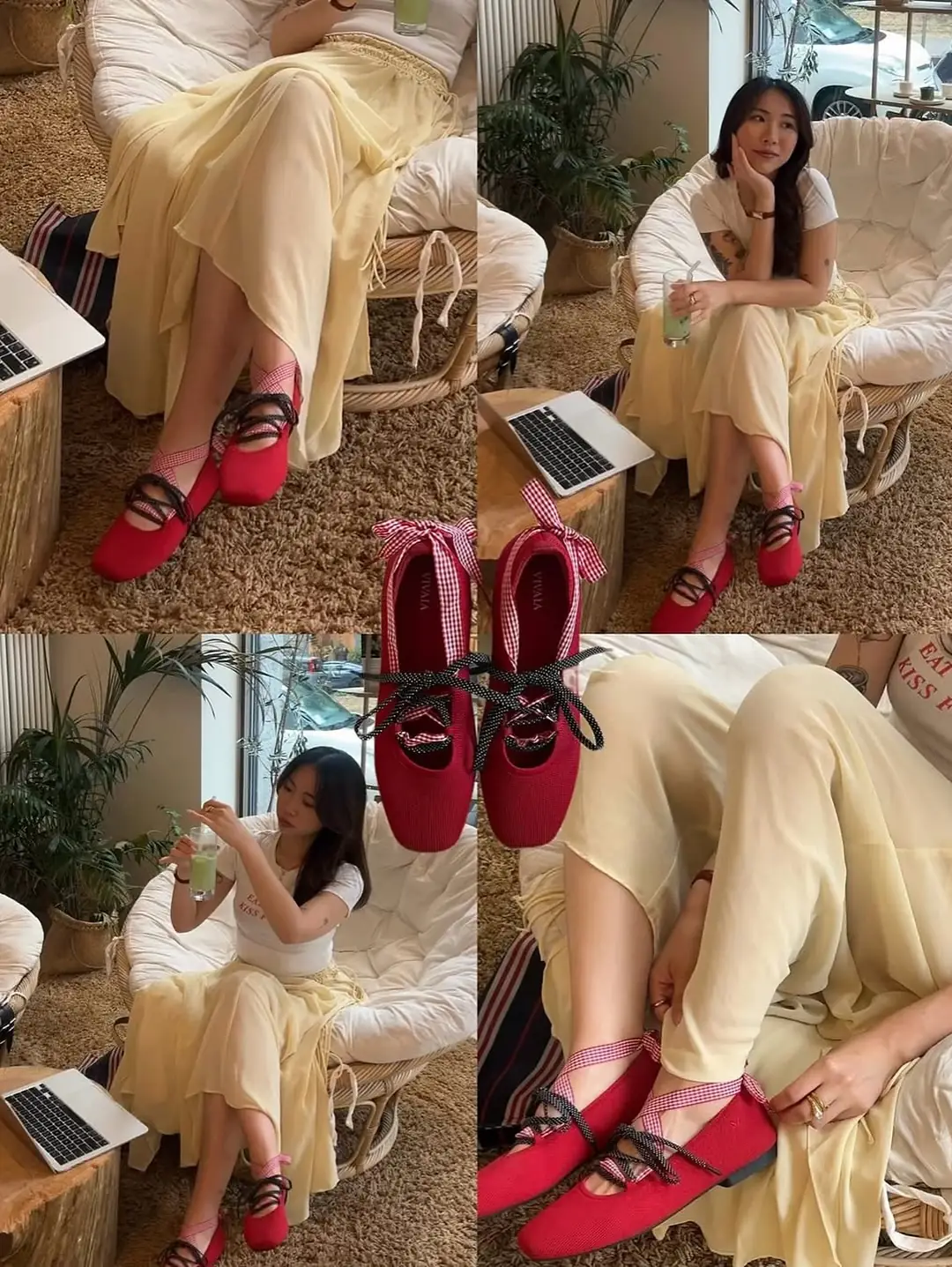 V-love Carousel fashion ad: Feature-callout ad for red flats with three swappable laces, frame 5 of 5