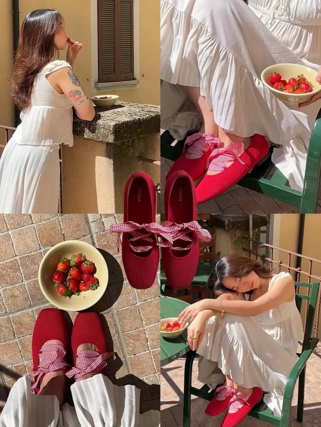 V-love Carousel fashion ad: Feature-callout ad for red flats with three swappable laces, frame 3 of 5