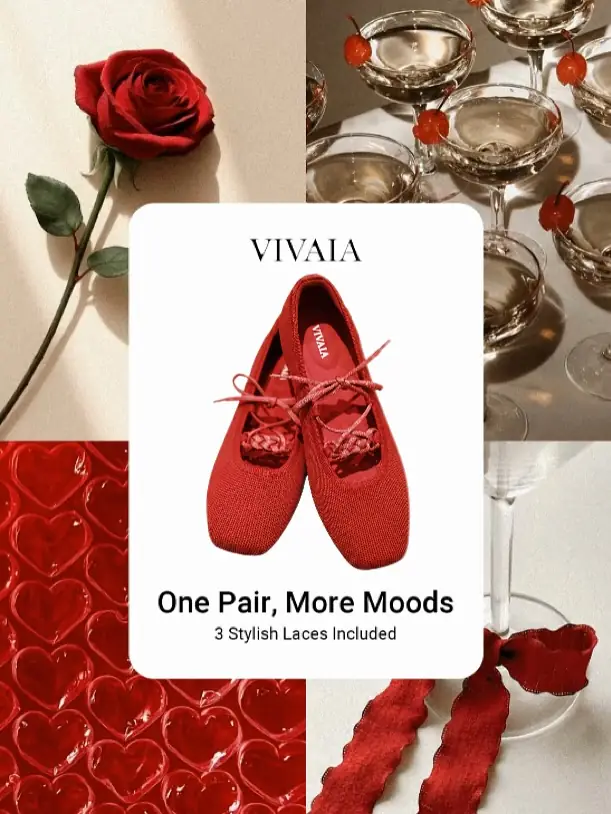 V-love Carousel fashion ad: Feature-callout ad for red flats with three swappable laces, frame 1 of 5