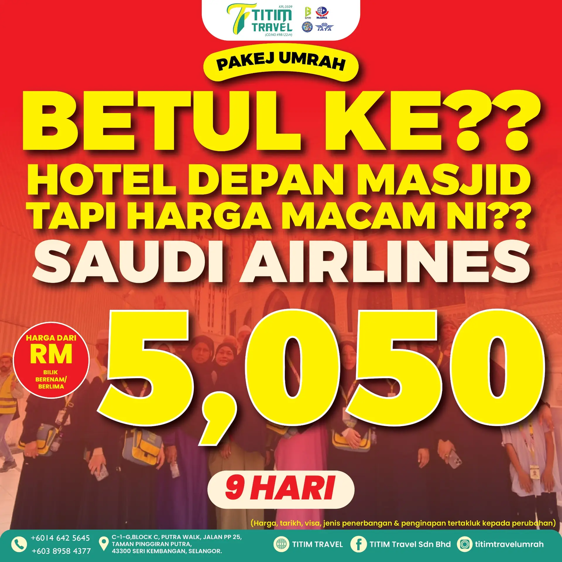 TITIM Travel Sdn Bhd Carousel travel and tourism ad: Curiosity-hook ad for front-of-mosque Umrah hotel at RM5,050, really?, frame 1 of 3