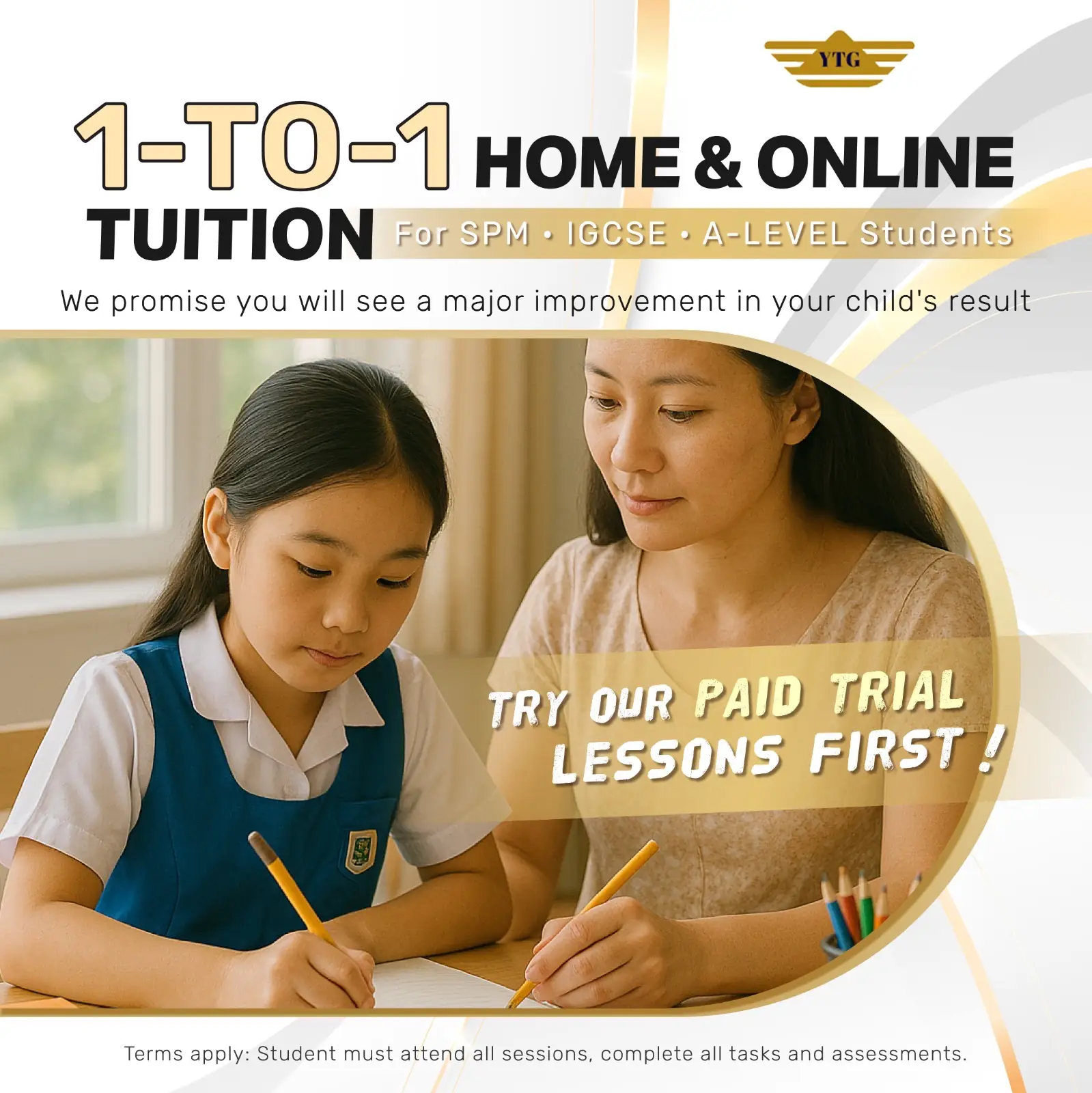 YES TUTOR GROUP MY Static education ad: Feature-callout ad for 1-to-1 home and online SPM, IGCSE, A-Level tuition