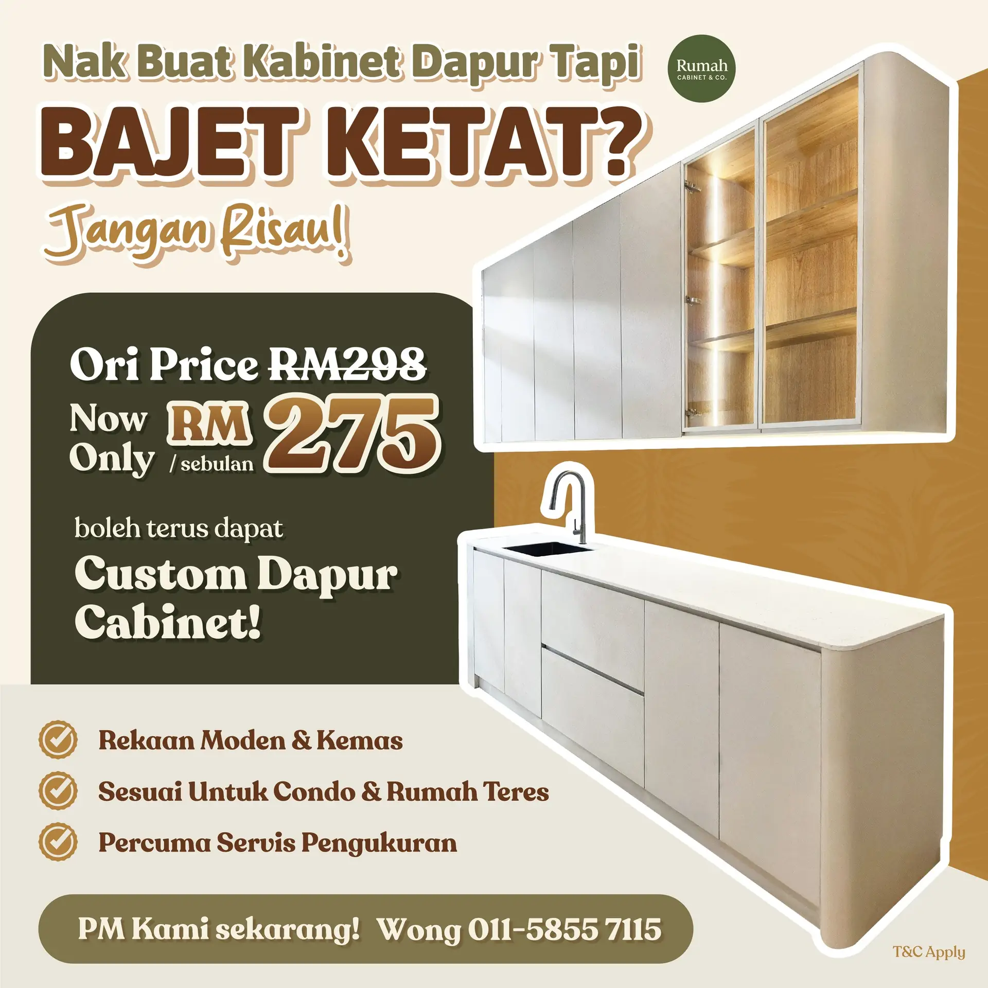 Rumah Cabinet & Co. Static home and living ad: Problem-solution ad for tight budgets: custom kitchen cabinets at RM275