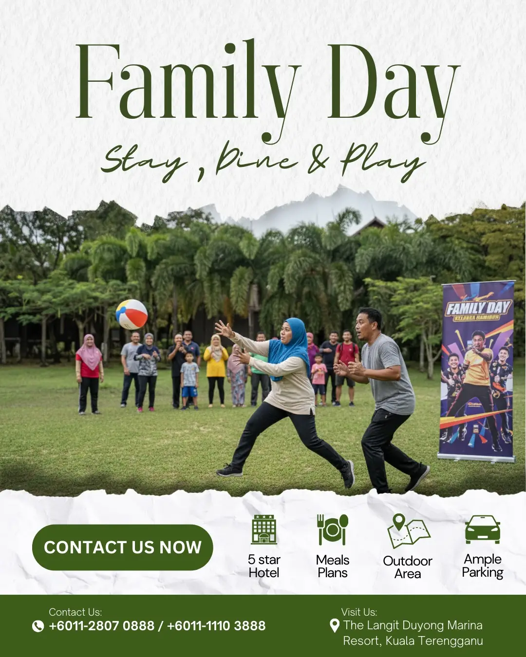 The Langit Duyong Marina Resort Static travel and tourism ad: Feature-callout ad for a Family Day stay with meals and parking