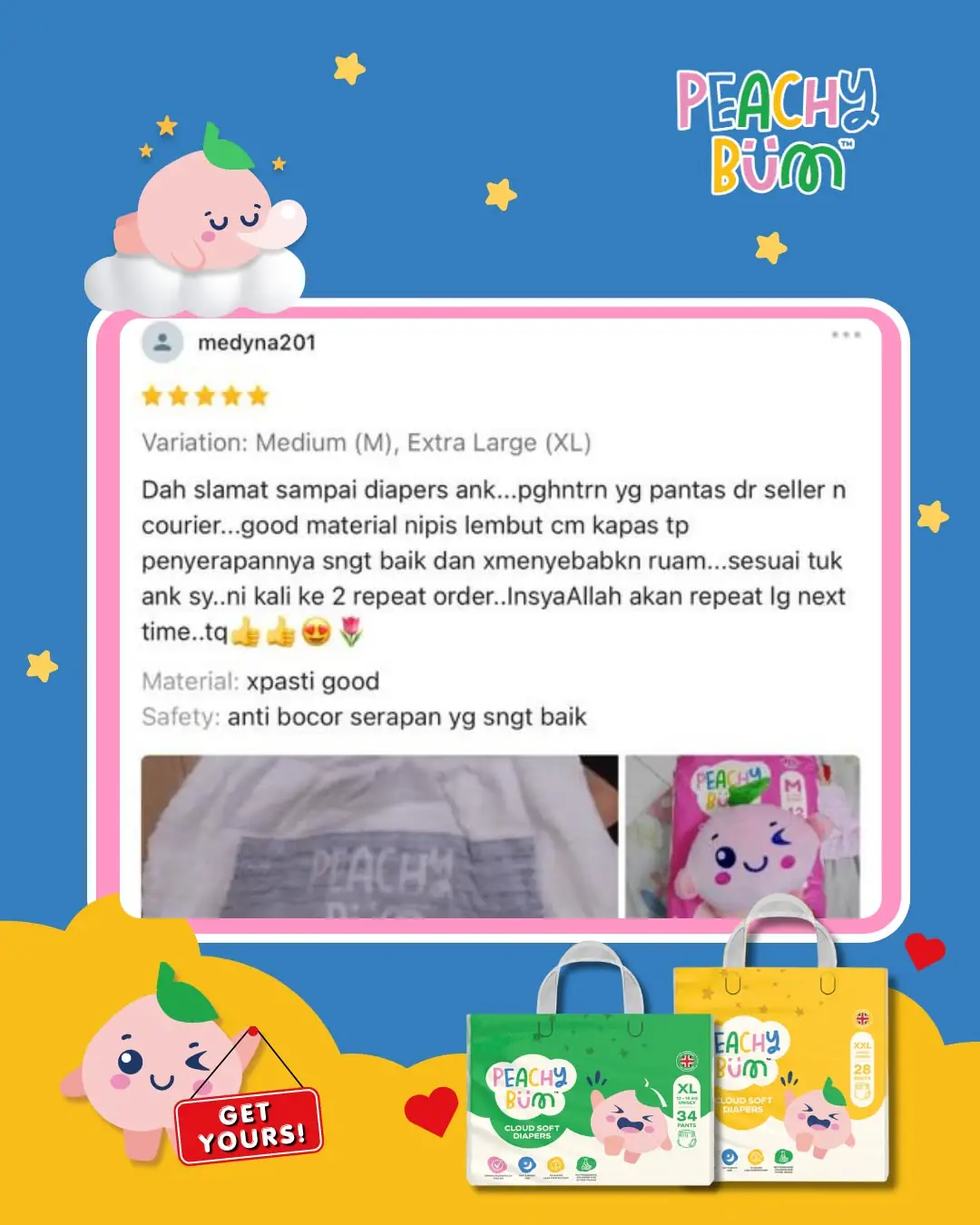 Peachy Bum Malaysia Static baby care ad: Social-proof ad for a five-star repeat-order review praising soft, no-rash diapers