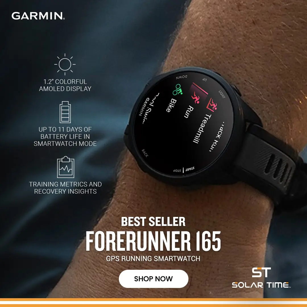 Solar Time Static sports and outdoor ad: Showcase ad for forerunner 165