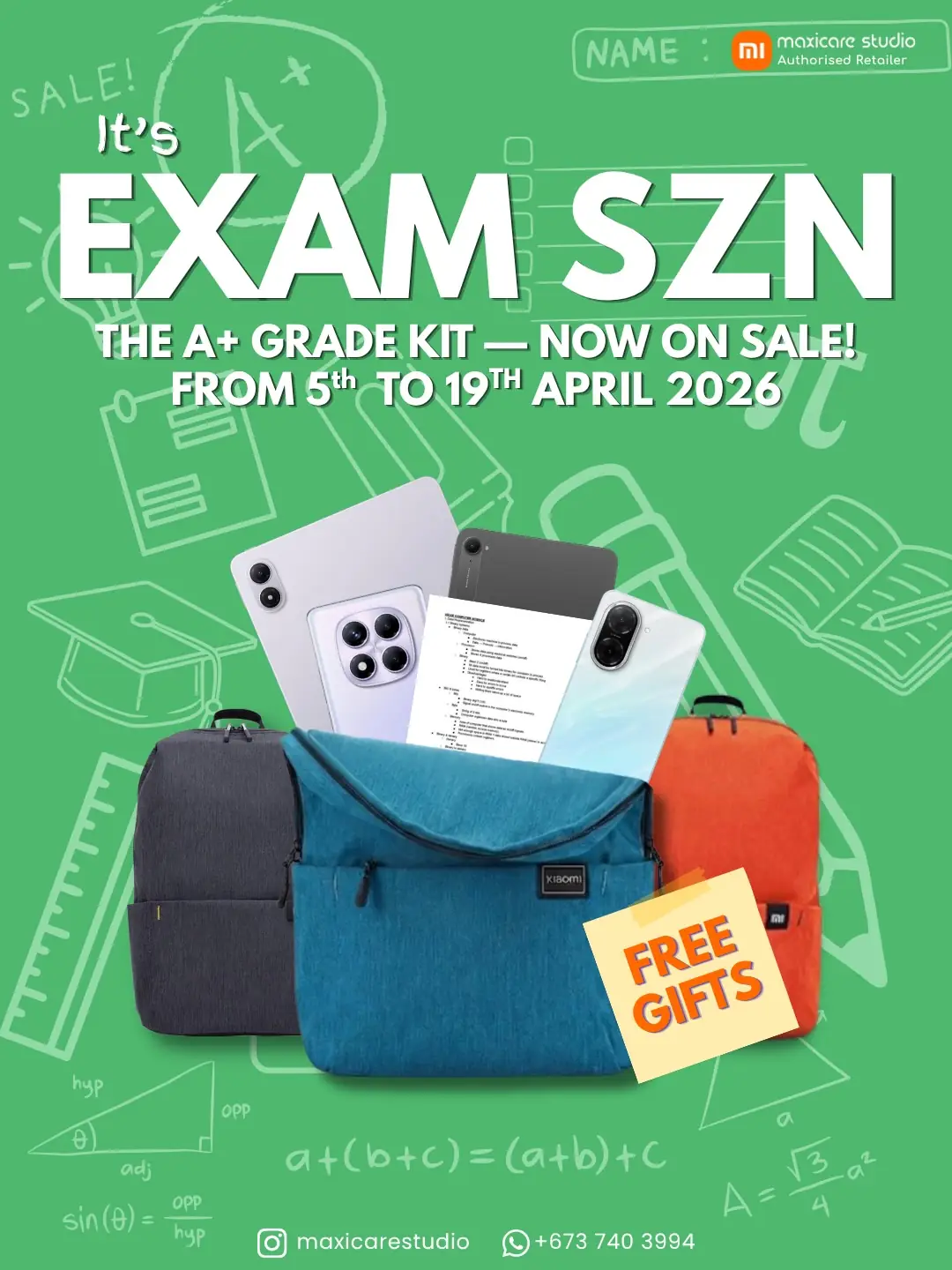 Maxicare Studio Carousel electronics ad: Discount ad: exam-season deals on Xiaomi phones and tablets with free gifts, frame 1 of 6